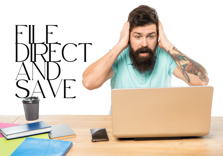 man looking shocked at laptop. text "file direct and save"